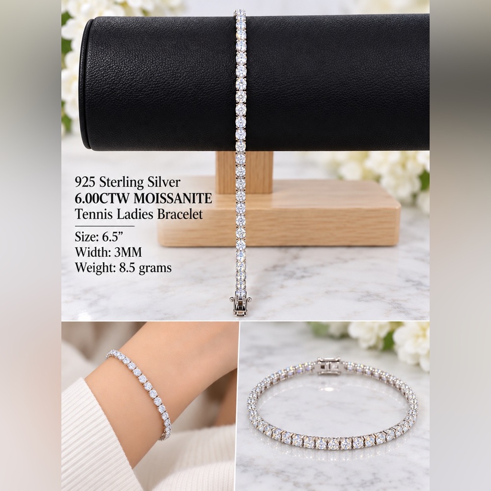 925 Sterling Silver 6.00CTW MOISSANITE Tennis Bracelet - 6.5" - Picture 4 of 12